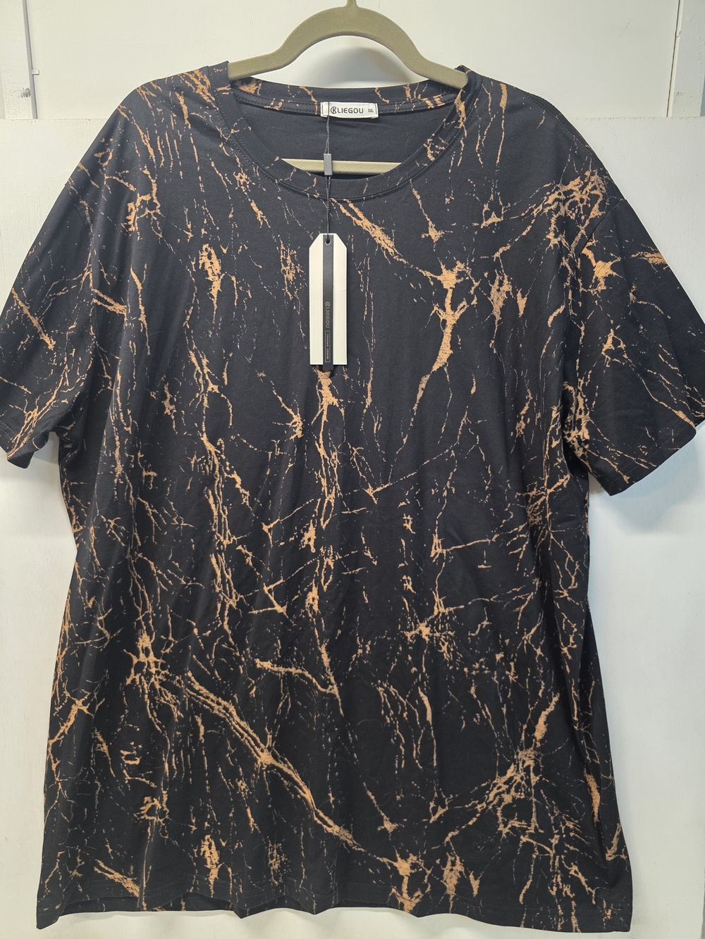 KLIEGOU Men’s XXL Black Gold Brown Marble Splatter T-Shirt NWT